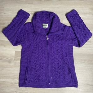 Aran Crafts Sz L Vintage 100% Merino Wool Cable Knit Warm Comfy Full Zip Sweater